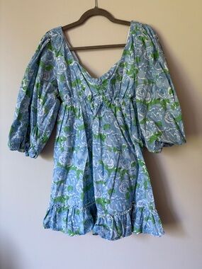 Show Me Your MuMu Light Blue & Green Floral Puff-Sleeve Mini Dress